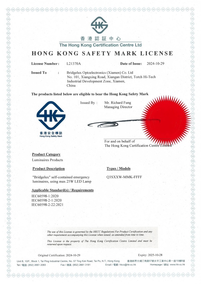 Il prodotto FANXSTAR è approvato dal certificato di autorità Hong Kong Safety Mark License